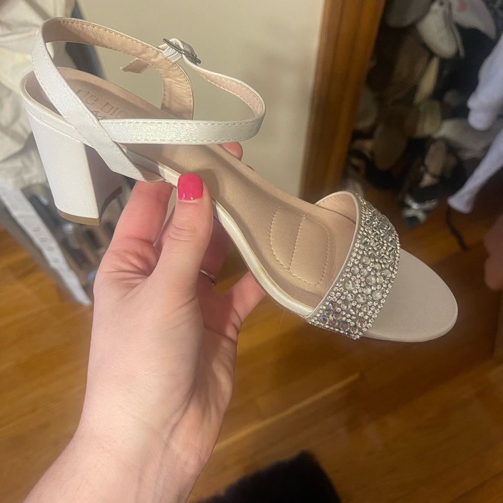 White bridal block heels